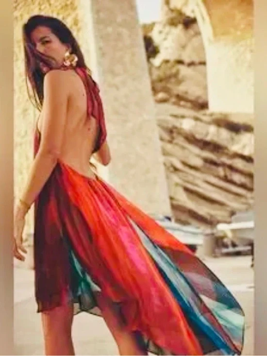 Zara Women Multicolor Beaded Halter Dress, beach summer vacation dress - Picture 3 of 9